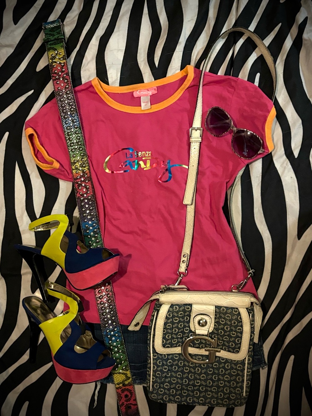 Y2K candy La SENZA Hot Pink Short Sleeve Tee with Yellow Contrast Trim
